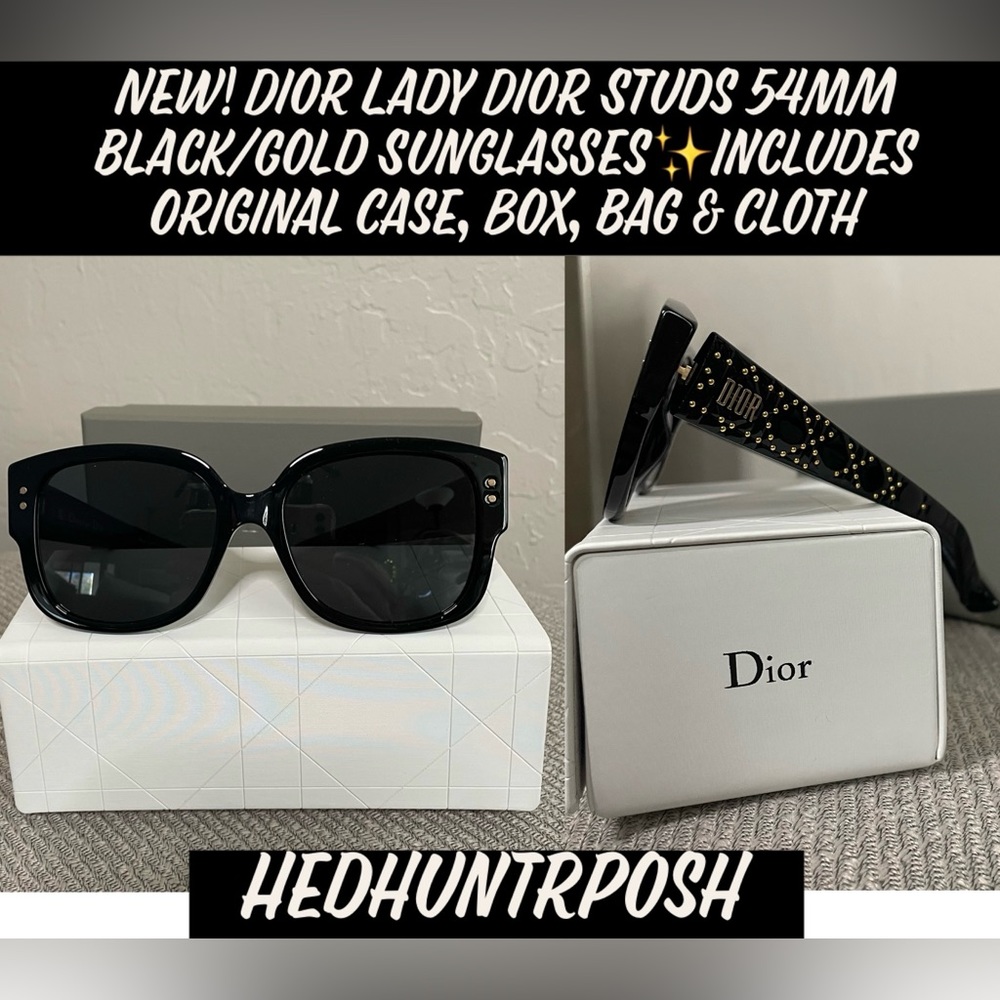 🎉HP🎉New! Dior Lady Dior Studs 54MM Black/Gold Sunglasses✨ Case, Box & Cloth